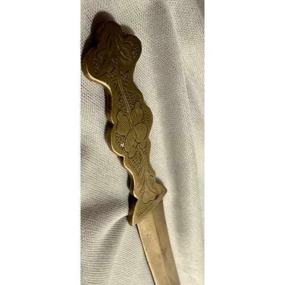 Vintage Solid Brass Letter Opener Etched Floral Design Made in China Desk Tool - Picture 2 of 4